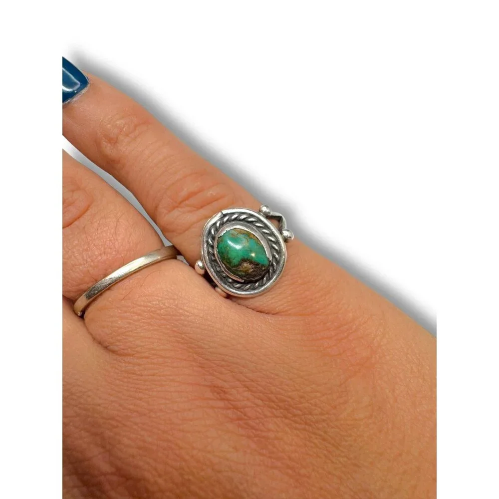 Green Turquoise Native American Sterling Silver Ring Hand Crafted Size 7 - Picture 9 of 11